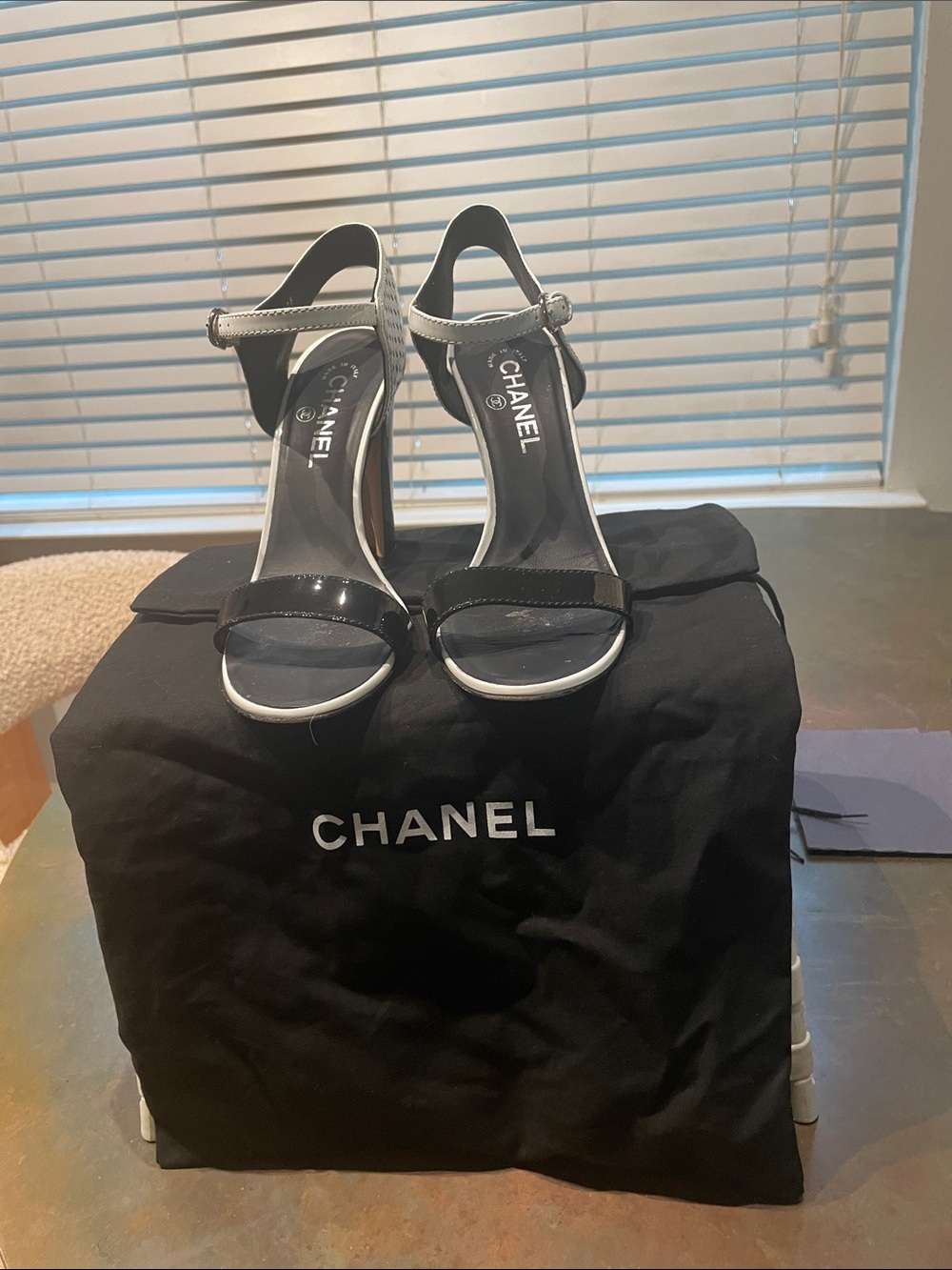CHANEL Black and White Patent Leather Ankle Strap Heels